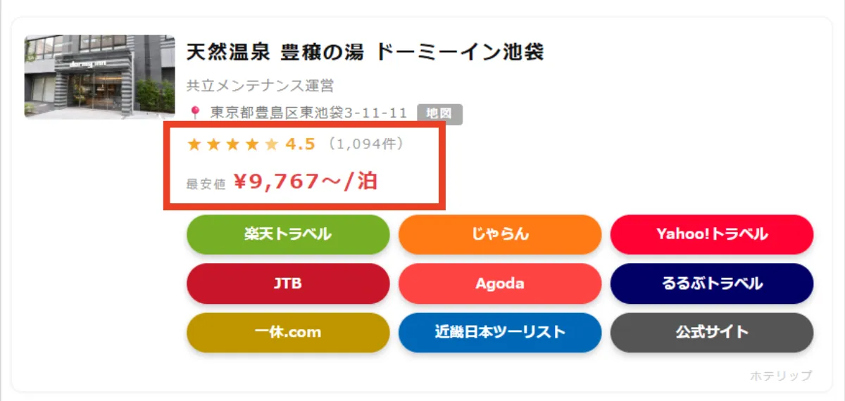 ホテリップのホテルカード上のレビュー評価・最安値の表示例