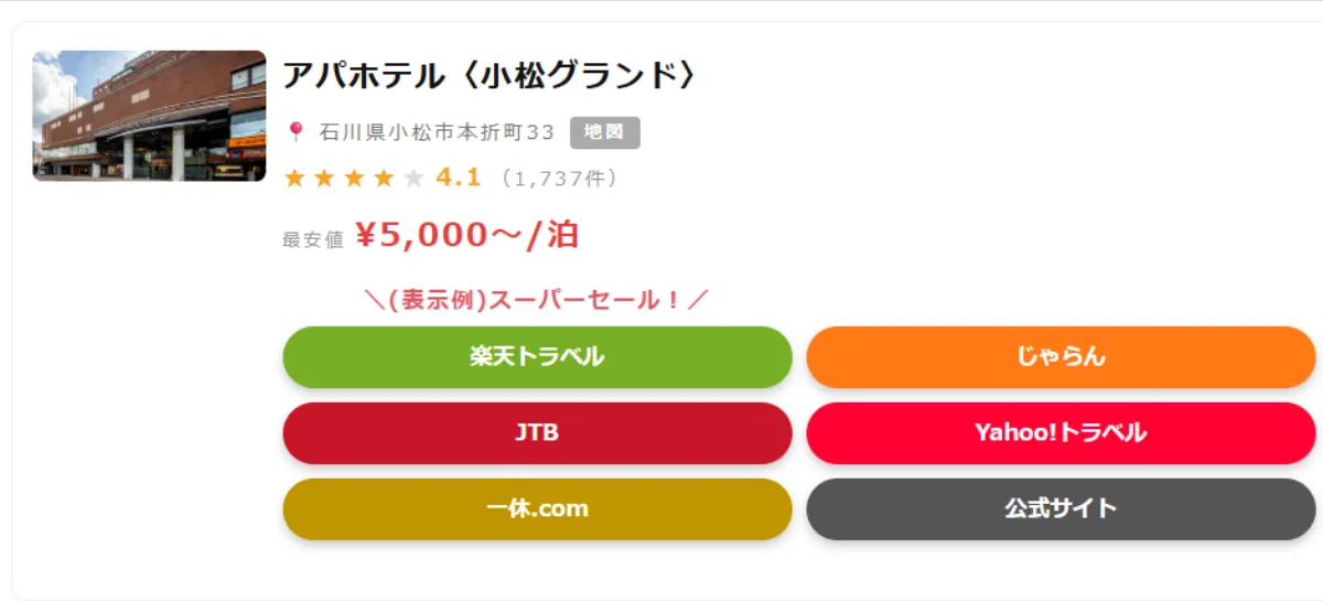 ホテリップPROのセール情報機能のホテルカード表示例の画像