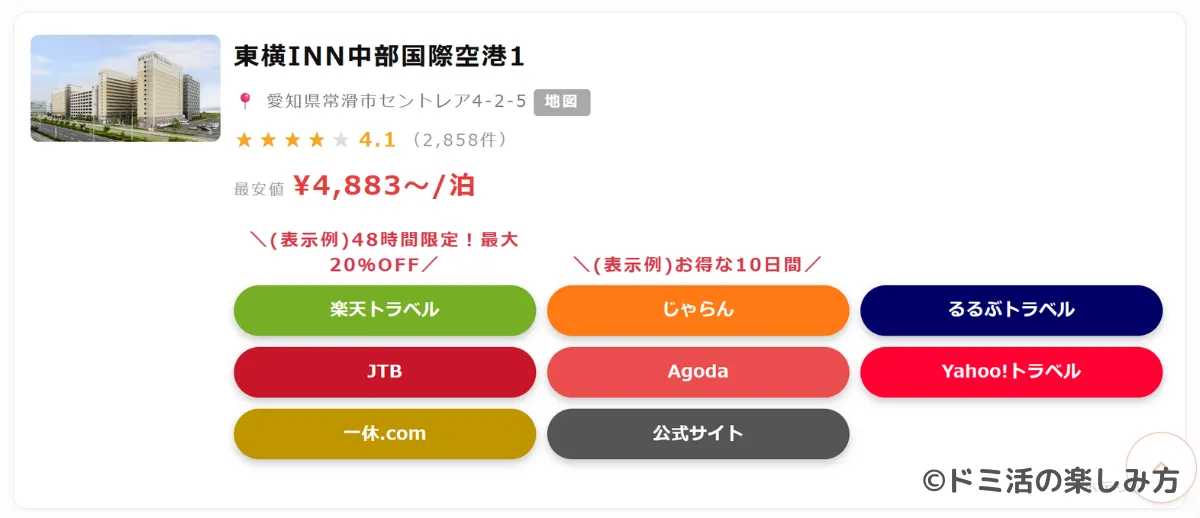 旅行予約で複数サイトをまとめて紹介できる「ホテリップ」の掲載パーツ例