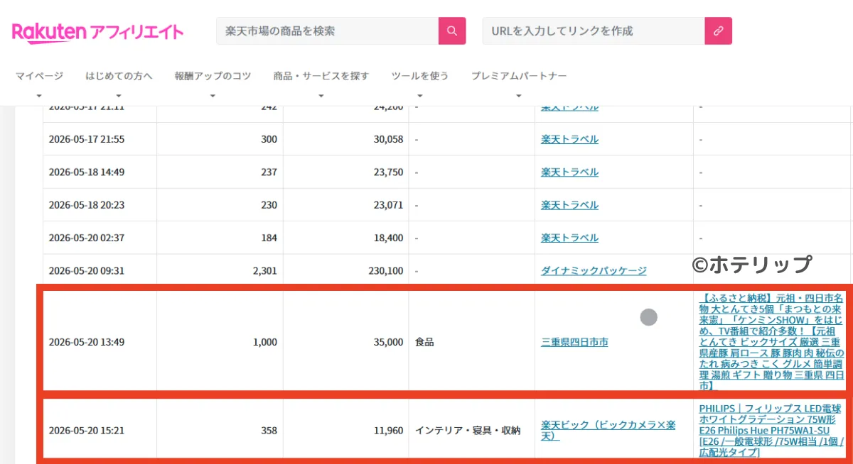 楽天アフィリエイトでトラベルのついでに楽天市場の商品が売れたときの画面のスクリーンショット