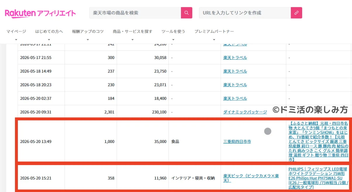 楽天アフィリエイトでトラベルのついでに楽天市場の商品が売れたときの画面のスクリーンショット